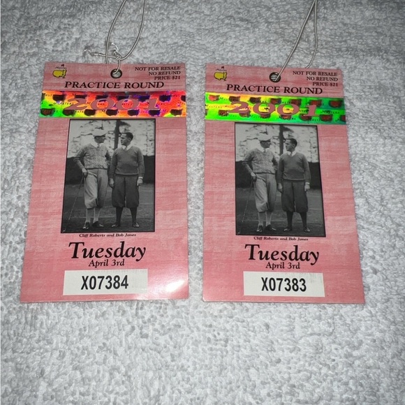2 Masters Golf Tournament Practice Round Tickets Tuesday 2001 Tiger Woods Winner